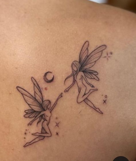 Lesbian Fairy Tattoo, Fairy Themed Tattoo, Faeries Tattoo, Three Fairies Tattoo, Gemini Fairy Tattoo, Big Fairy Tattoo, Fairy Stomach Tattoo, Fairy Neck Tattoo, Fairy Inspired Tattoo