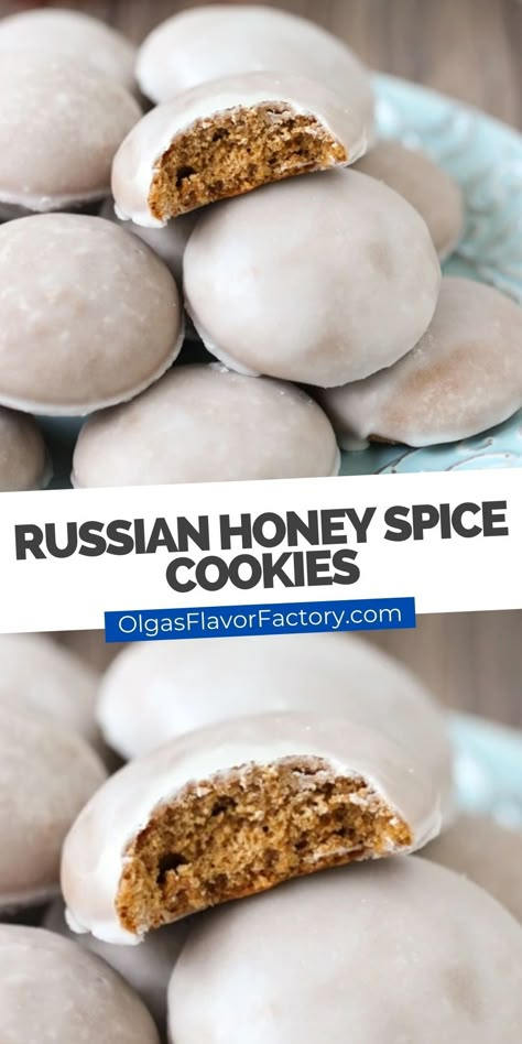 Russian Honey Cookies, Honey Spice Cookies, Russian Baking Recipes, Russian Holiday Food, Russian Mennonite Recipes, European Baking Recipes, Russian Baked Goods, Russian Cookies Recipes, Russian Christmas Cookies