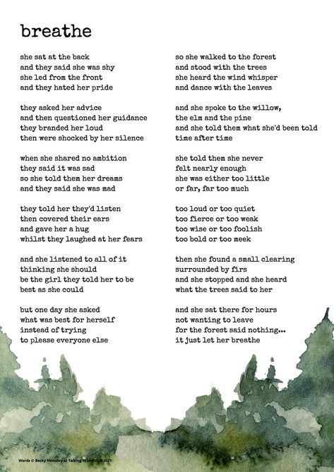 Becky Hemsley on Twitter: "Breathe 🌲 Spoken word reading on TikTok (talkingtothewild) #poem #poetry #tiktok #poetrytweet #poetrytwitter #breathe #spokenword https://t.co/FMdzznKjiL" / Twitter Becky Hemsley, Digital Poetry, Meaningful Poems, Poems About Life, Writing Therapy, Reading Words, Les Sentiments, A Poem, Poem Quotes