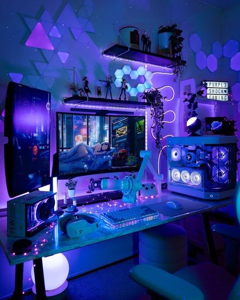 Gaming Room Setup Purple, Purple Gaming Set Up, Purple Gaming Aesthetic, Purple Gaming Setup, Purple Gaming Room, Couple Gaming Room Setup, Video Game Room Ideas, Gaming Room Setup Ideas, Purple Rgb