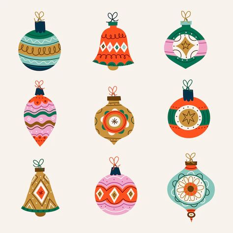 Christmas Ornaments Design Ideas, Christmas Ornament Shapes, Christmas Ball Design, Christmas Bauble Diy, Hand Drawn Ornaments, Ornament Graphic Design, Christmas Ornament Illustration, Christmas Ornament Clipart, Christmas Ornament Card