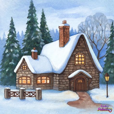 Scene Drawing Ideas, Christmas Scene Drawing, Village Drawing, Christmas Window Painting, Winter Drawings, Christmas Canvas Art, House Cartoon, Christmas Landscape, Christmas Paintings On Canvas