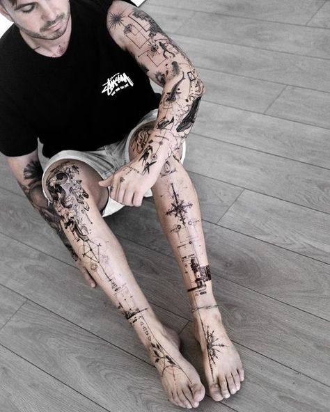 Fine Line Tattoo Leg Sleeve, Fine Line Shin Tattoo, Tatos Men, Fine Line Leg Sleeve, Fine Line Tattoo Leg, Mens Fine Line Tattoos, Geometric Fine Line Tattoo, Fine Line Leg Tattoo, Shin Tattoo Men