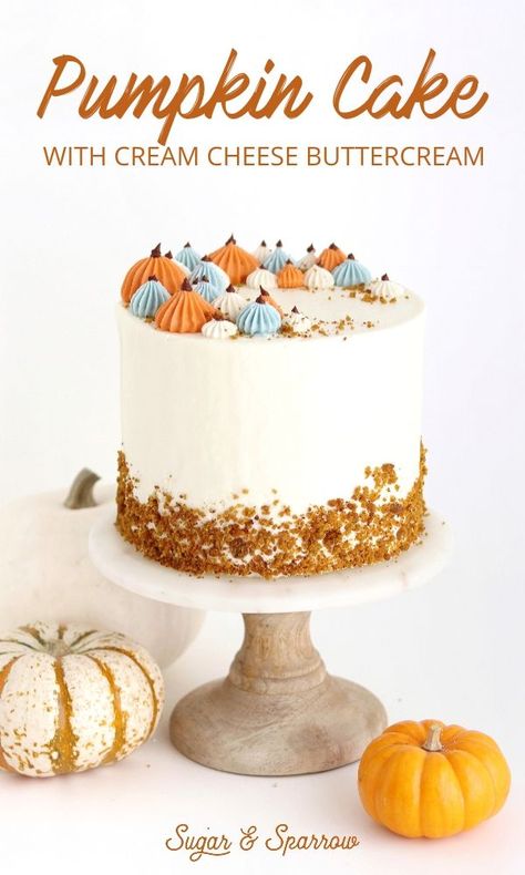 Layers of moist, fluffy pumpkin cake with cream cheese buttercream. A total Fall classic and so easy to make | Sugar & Sparrow | #pumpkincake #pumpkincakerecipe #pumpkinlayercake #creamcheesefrosting #creamcheesebuttercream #fallcake #cakerecipe #cakedecorating #cakeideas #layercake Decorating Buttercream, Pumpkin Layer Cake, Fall Cake Recipes, Fall Cake, Thanksgiving Cakes, Cream Cheese Buttercream, Layer Cake Recipes, Fall Cakes, Cake With Cream Cheese