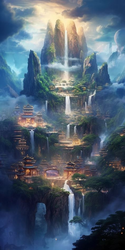 Fantasy City In The Mountains, Fantasy Mountain Kingdom, Mountain Fantasy City, Fantasy City Art Landscapes, City In Mountain, Mountain Village Fantasy Art, Fantasy Mountain City, Ancient City Concept Art, Fantasy Mountain Village