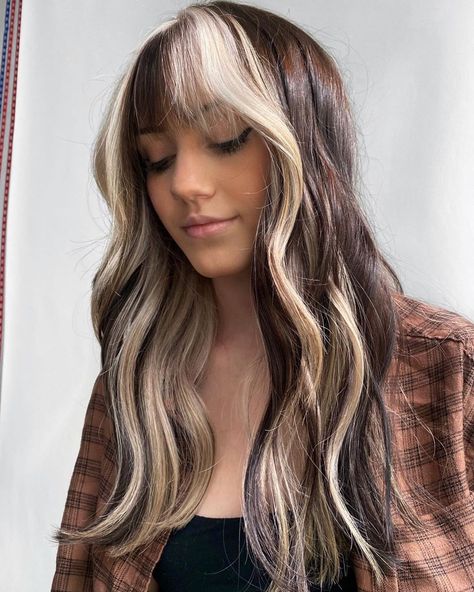 30 Head-Turning Ideas of Chunky Highlights to Update Your Look in 2023 Mid Length Edgy Hair, Blond Highlights On Brown Hair With Bangs, Brown And Blond Color Block Hair, Chunky Brown And Blonde Hair, Half And Half Blonde Hair, Hair Dyed With Bangs, Brown Hair With Blonde Sections, Blond Color Block Hair, Color Chunks In Hair