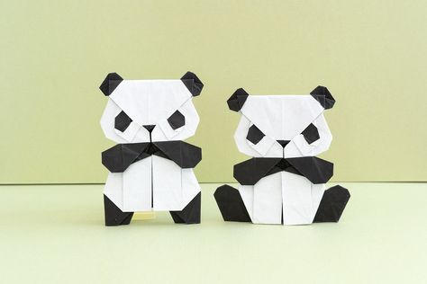 Pandas, designed and folded by Michelle Fung (source: ) #origami #pandas Panda Bear Crafts, Origami Panda, Origami Animals, Paper Animals, Dining Hall, Origami Art, Origami Crafts, Origami Paper, Simple Shapes