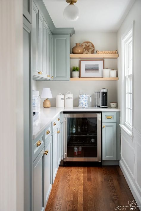 Looking for butler's pantry ideas? We took our old dining room and put up a wall and made this butler's pantry right off our kitchen. It stores all our extra appliances and looks pretty, too! Cozy Butlers Pantry, Modest Kitchen Ideas, Light Blue Butlers Pantry, Small Closet Butlers Pantry, Functional Butlers Pantry, Custom Butlers Pantry, One Sided Butlers Pantry, Coastal Pantry Ideas, Dining Room Into Butler Pantry