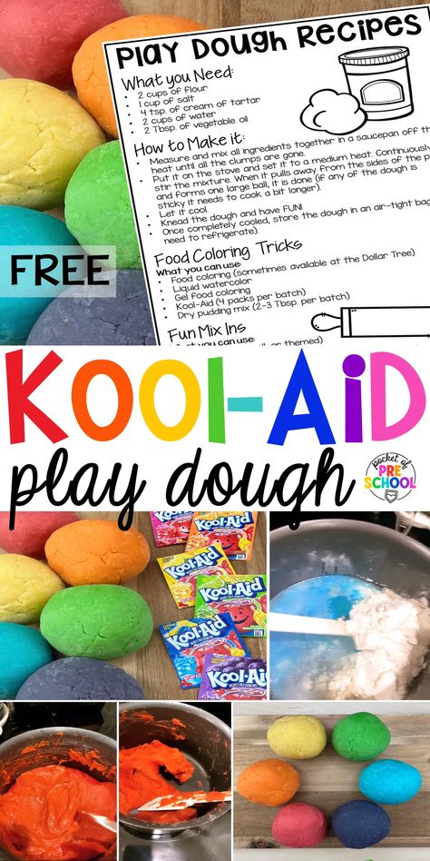 Kool-Aid Play Dough - Pocket of Preschool Look Aid Play Dough, Play Dough Recipe, Edible Play Doh Recipe, Kool Aid Playdough Recipe, Kool Aid Playdough, Using Playdough In The Classroom, Koolaid Playdough Recipe, Kool Aid Play Dough, Homemade Playdough Recipe Koolaid