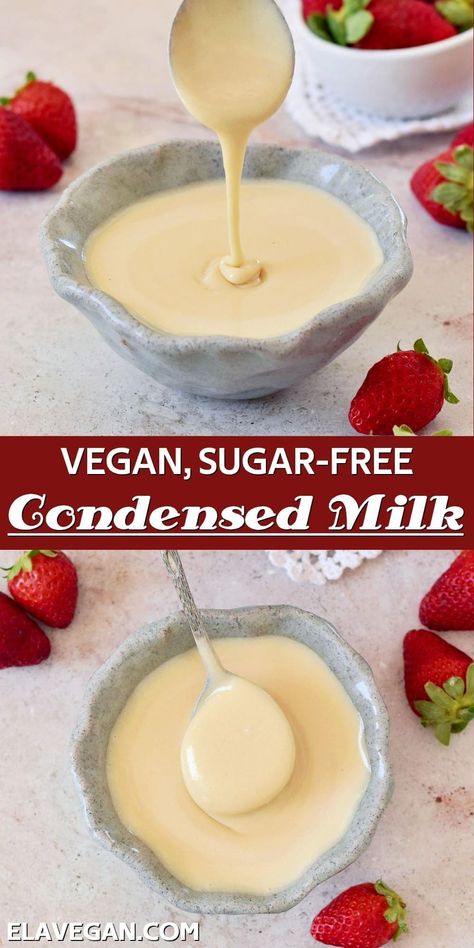 How to make vegan condensed milk in 5 minutes - with no heating required! This 'instant' condensed milk substitute uses just 3 ingredients (plus salt and water) and can even be made sugar-free (low-carb or keto)! #condensedmilk #vegancondensedmilk #homemadecondensedmilk #condensedmilksubstitute #sugarfreecondensedmilk #elasrecipes | elavegan.com Condensed Milk Substitute, Sugar Free Condensed Milk, Vegan Condensed Milk, Homemade Condensed Milk, Milk Substitute, Dairy Free Dips, Plant Based Desserts, Condensed Milk Recipes, Vegan Sugar