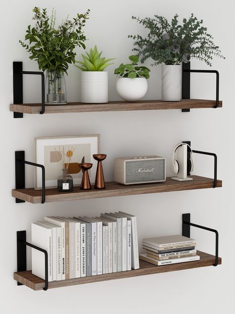 PRICES MAY VARY. [Long Floating Shelf]: Each of the EALLRINEC wooden wall shelf measures 24" x 6" with a modern minimalist design, approaching for a much safer storage. Collectibles, albums, books, toys, artwork, trophies, small plants and more can be put on it [Clutter-Free]: With the wall shelves, you can create extra space to make your workspace, home, bedroom, bathroom or kitchen more organized and clutter free, for that neat, tidy and spacious feeling [Multi Usage]: The 3 wooden shelves can Kitchen Floating Shelves, Long Floating Shelves, Wooden Wall Shelf, Wall Mounted Bookshelves, Charming Cottage, Wooden Wall Shelves, Shelves Wall, Into The Wood, Modern Minimalist Design