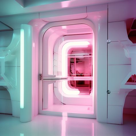 Science Room Aesthetic, Futurism Interior Design, Rgb Bedroom, Pink Laboratory, Futuristic Laboratory, Y2k Futurism, Futuristic Office, Green Science, Science Room