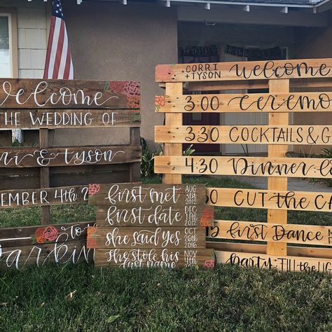 Pallet wedding signage. Hand lettered. Hand painted. Itinerary. Parking. Welcome. Diy Wedding Pallet Signs, Wedding Signage Pallet, Welcome To Our Wedding Pallet Sign, Pallet Decorations Wedding, Pallet Itinerary Wedding, Wedding Pallet Decor, Palette Wedding Sign, Wedding Welcome Sign Pallet, Wooden Pallet Wedding Ideas