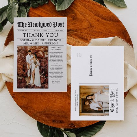 Newspaper Wedding, Wedding Thank You Postcards, Postcard Wedding Invitation, Wedding Newspaper, Gratitude Cards, Photo Thank You Cards, Thank You Postcards, Custom Postcards, Beautiful Wedding Photos