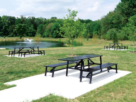 Make an accessible picnic area with Keystone Ridge Designs Breakwater Harvest Table and benches.  Durable park furnishings to transform your public spaces. Camping Area Design, Picnic Table Area, Garden Picnic Bench, Farm Camping, Park Seating, Sitting Area Design, Picnic Park, Pub Garden, Garden Sitting Areas