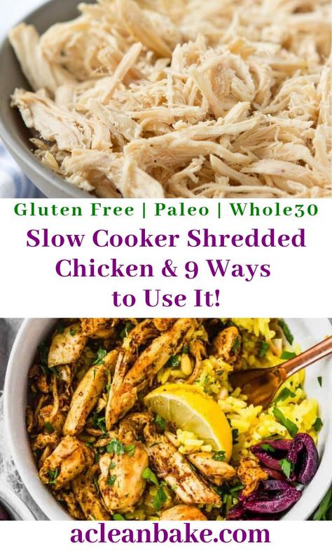 I’ve fallen off the meal prep bandwagon and, heck, I barely even meal plan anymore — but making a batch of slow cooker shredded chicken at the beginning of the week to rescue us from takeout and leftovers has been such a lifesaver! So here are nine mouth-watering favorite recipes you can whip up using this one core ingredient. AND they are gluten free, paleo, and Whole30 compliant. #mealplanning #easyslowcookerrecipe #bestchickenrecipe #glutenfreerecipes #whole30recipes #easyhealthyrecipes Leftover Shredded Chicken Recipe, Recipes With Shredded Chicken, Chicken Dairy Free, Rotisserie Chicken Recipes Leftover, Paleo Crockpot Recipes, Shredded Chicken Crockpot, Chicken Crockpot Recipes Healthy, Slow Cooker Shredded Chicken, Best Paleo Recipes