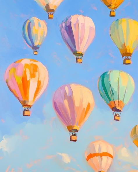 🌤️✨ Soar into serenity with this enchanting acrylic painting of vibrant pastel hot air balloons against a beautiful blue sky! 🎈🎨 Created by the talented Maira Kalman and Janet Hill, this artwork captures the essence of fauvism and realism with its soft brush strokes and dreamy color palette of pink, blue, lavender, green, orange, yellow, and cream. 🌈💖 Perfect for adding a touch of whimsy and wa... Pastel Beginner Art, Clouds Art Painting, Acrylic Painting Pastel Colors, Pastel Colour Painting Acrylic, Hot Air Balloons Painting, Watercolour Hot Air Balloon, Pastel Painting Ideas Acrylics, Balloon Art Paint, Rainbow Sky Painting