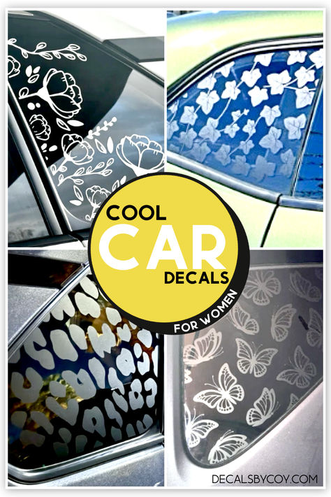 “Express Your Style”: Transform your ride with our chic car decals that are perfect for women's cars. From floral patterns to empowering quotes, let your car reflect your unique personality. All Decals by Coy vinyls are crafted from Oracal 651, a premium outdoor-rated vinyl. When properly installed and under standard use, anticipate your overlays to maintain quality for 3-5 years. #cardecals #cardecalsforwomen #caraesthetic Butterfly Car Decals, Car Decals Unique, Car Decal Ideas, Cool Car Decals, Car Decals For Women, Decals For Women, Creative Car, Cool Car, Door Decals