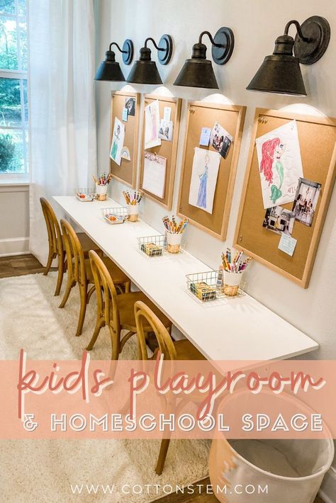 We recently cleaned out our spare bedroom and gave it a new purpose with this kid’s homeschool playroom design idea today! We kept it simple and practical, and they seem to love it already! #homeschoolroom #playroomideas #kidsrooms Playroom Learning Center, Basement Guest Room And Playroom, Art Table Playroom, Playroom Ideas Vintage, Diy Playroom Desk, Art Station Playroom, Homeschool Room Guest Room, Diy Homeschool Table, School Age Playroom Ideas