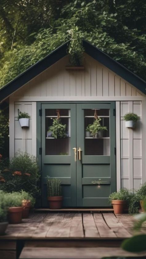 Garden Shed Colours Ideas, Shed Paint Ideas, Green Sheds Painted, Shed Exterior Ideas, Backyard Office Shed, Sheds Ideas Backyard, Small Garden Shed, Shed Landscaping, Painted Shed