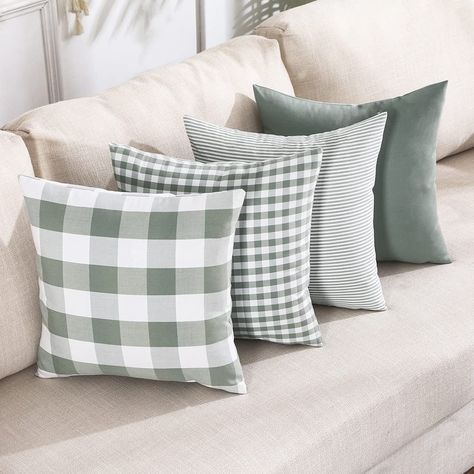 PRICES MAY VARY. Polyester ★Only Farmhouse Pillow Covers★ Set of 4 green buffalo check throw pillow covers 18x18 inch. No Insert or Filler included, you need to buy the pillow inserts separately, 18x18 inch or 20x20 inch pillow inserts are both okay. ★Farmhouse Plaid Design★ The classic double-sided buffalo plaid and stripes pattern pillow covers are perfect for decorating living room, bedroom, patio furniture, porch Swing, balcony, car, office and etc. They can fresh your home in a moment, whic Green Plaid Pillows, Buffalo Plaid Pillows, Neutral Throw, Neutral Throw Pillows, Plaid Pillow Covers, Green Checkered, Plaid Pillow, Checkered Design, Green Throw Pillows