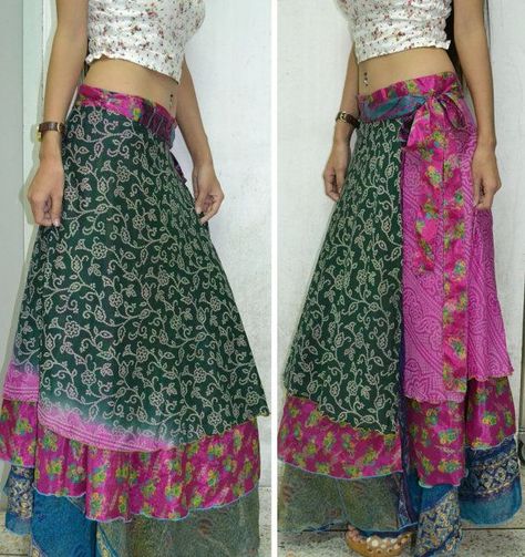 Patchwork Skirts, India Sari, Layers Long, Magic Skirt, Sari Skirt, Indian Saris, Long Wrap Skirt, Moda Hippie, Indian Skirt