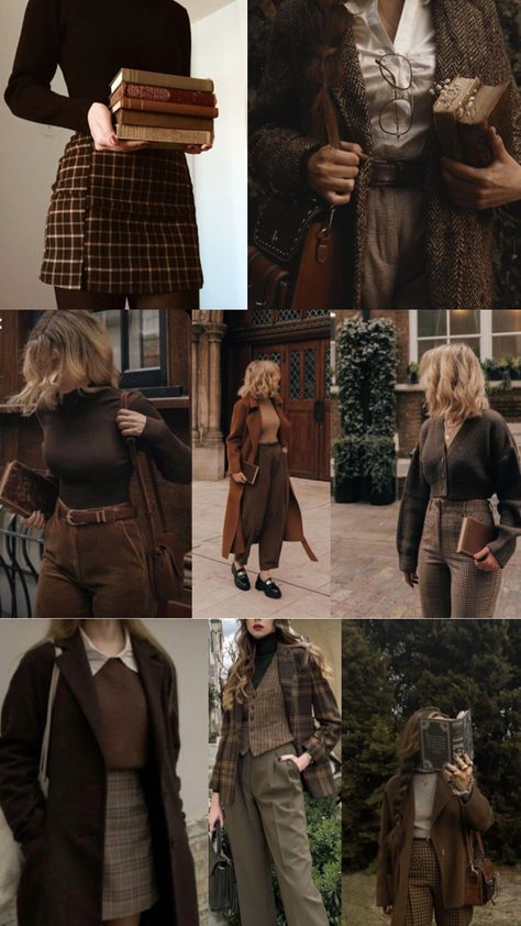 Casual Acedamia Outfits, Women Dark Academia Aesthetic, 10th House Fashion Aesthetic, Brown Hair Fashion Outfit, Fall Dressing For Women, Dark Academia With Color, Autumn Outfits Ideas For Women, Autumn Dark Academia Outfits, Dark Academia Aesthetic Feminine