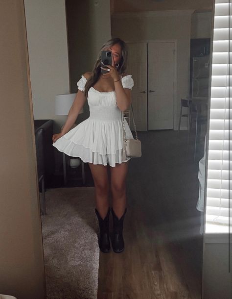 Dress With Boots Mexican, White Dress Western Outfit, Dress With Cowboy Boots Mexican, Prom Dresses With Cowgirl Boots, White Dress Country Outfit, Homecoming Dress With Boots, White Cowgirl Dress, Dress Rodeo Outfit, Rodeo Dress Outfit