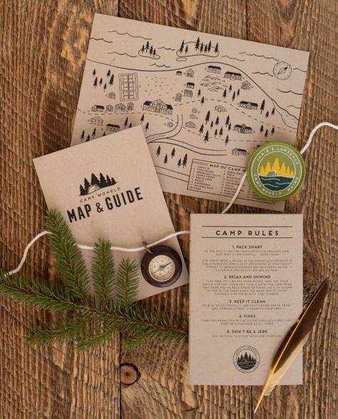 Hiking Wedding, Camping Invitations, Campground Wedding, Camping Wedding, Camping Design, Summer Camp Wedding, Camp Wedding, Wedding Map, Maine Wedding