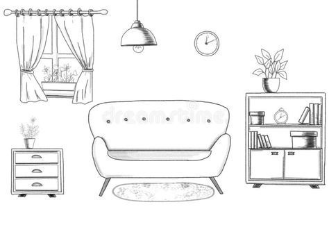 Illustration about Monochromic living room sketch with furniture on white background. Illustration of living, apartment, drawing - 202701480 Living Room Sketch, Apartment Drawing, Room Sketch, Living Apartment, Background Illustration, Stock Illustration, White Background, Sketch, Apartment