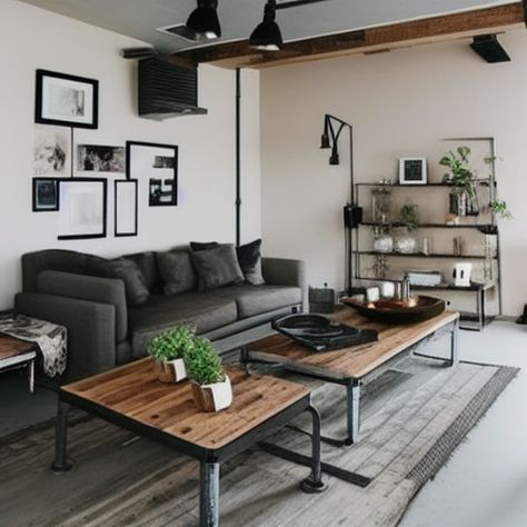 Industrial Home Living Room, Living Room Inspiration Masculine, Earth Tone Industrial Living Room, Industrial Modern Living Room Decor, Minimalist Living Room Masculine, Industrial Apartment Decor Small Spaces, Interior Design Industrial Minimalist, Scandi Industrial Living Room, Modern Male Living Room