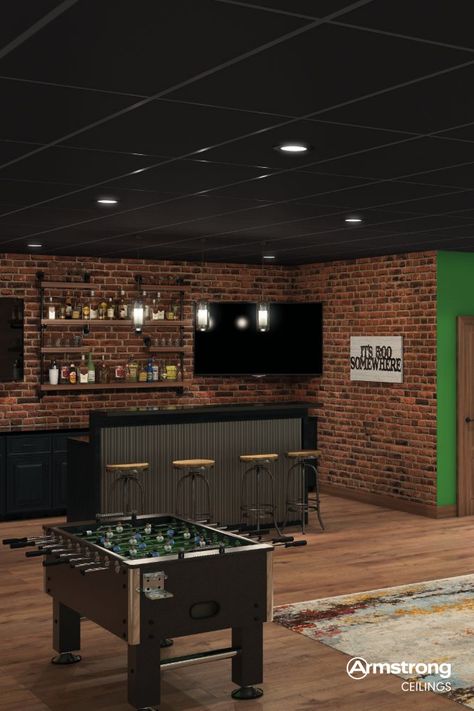 Black Basement Ceiling, Black Drop Ceiling, Plastic Ceiling Panels, Black Ceiling Tiles, Drop Ceiling Basement, Basement Game Room, Dark Basement, Basement Games, Plastic Ceiling