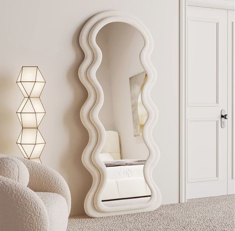 Focus on wavy mirror with dimensional wavy frame in cream color within a white and beige decorated room Arched Floor Mirror, Wavy Mirror, Wooden Mirror Frame, Full Body Mirror, Preppy Room Decor, Preppy Room, Inspire Me Home Decor, Cute Bedroom Decor, Cute Room Ideas