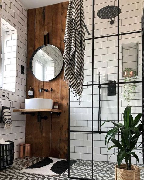 Modern Scandinavian Bathroom, Industrial Bathroom Design, Kabinet Dapur, Scandinavian Bathroom, Industrial Bathroom, Bad Inspiration, Casa Vintage, Small Bathrooms, Bad Design