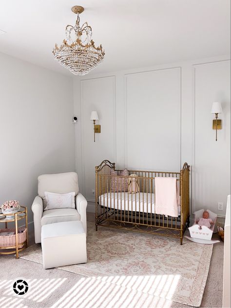 Wainscoting With Sconces, Sconces On Accent Wall, Waynescotting Nursery, Nursery Wallpaper Panels, Sconces Above Crib, Picture Frame Wall Molding Nursery, Nursery With Sconces, Wall Sconces In Nursery, Molding On Walls Nursery