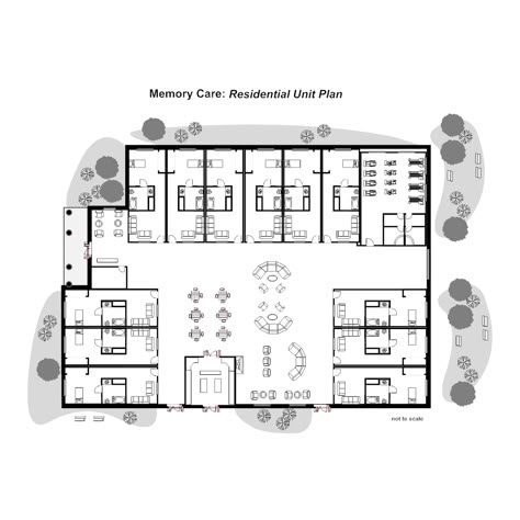 Example Image: Residential Nursing Home Unit Plan Nursing Homes Architecture, Home For The Aged Architecture Building, Nursing Home Floor Plan Layout, Senior Living Facilities Floor Plans, Senior Living Floor Plans, Assisted Living Facility Design, Nursing Home Floor Plan, Nursing Home Architecture, Elderly Home Design