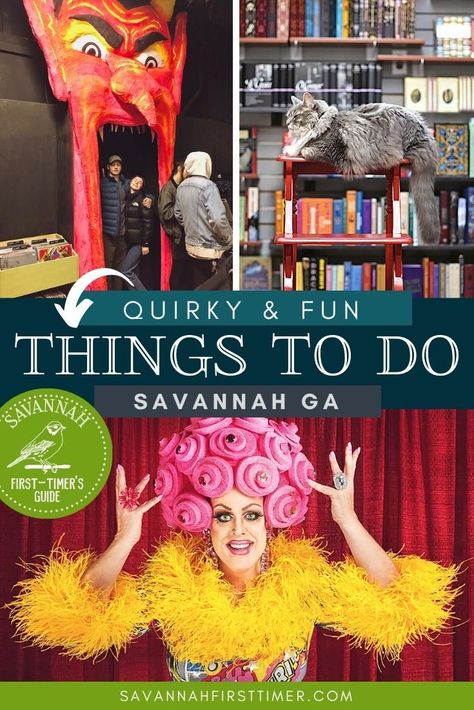 Pinnable graphic with three images, one of a door with a large red devil surrounding the entrance, one of a kitten surrounded by books, and one of a drag queen. Text overlay reads "Quirky & Fun Things To Do in Savannah Georgia" Fun Things To Do In Savannah Georgia, Savannah Georgia Halloween, Savannah Things To Do, Savannah Ga Things To Do, Savannah Georgia Things To Do, Things To Do In Savannah Georgia, Savannah Shopping, Savannah Georgia Restaurants, Savanna Georgia