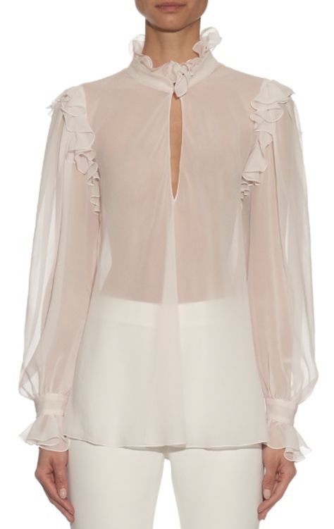 Giambattista Valli - Ruffled High Neck Silk Georgette Blouse White High Neck Blouse, Sloane Ranger, Chic Evening Dress, Organza Blouse, Georgette Tops, High Neck Blouse, Romantic Mood, Georgette Blouse, Giambattista Valli