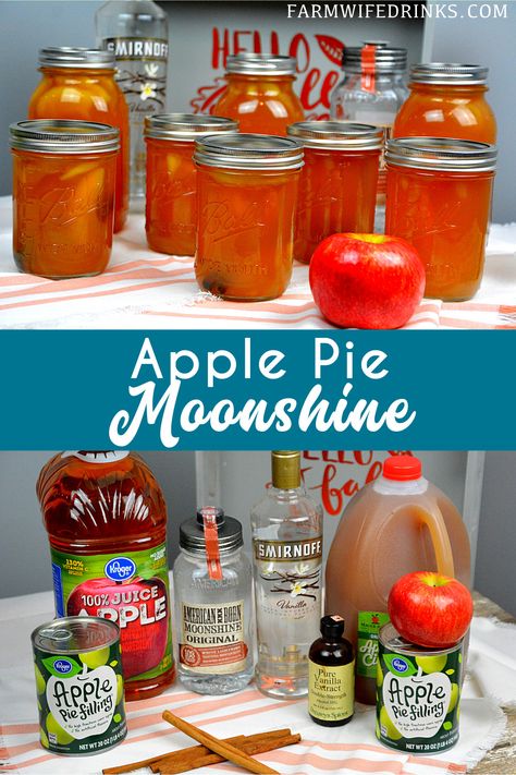 Apple pie moonshine combines apple cider and juice with apple pie filling with cinnamon sticks and vanilla with moonshine and vanilla vodka to create your new favorite fall liquor to drink. Maple Cream Pie, Apple Moonshine, Flavored Moonshine Recipes, Apple Pie Drink, Apple Pie Moonshine Recipe, Cheeseburger Mac, Homemade Moonshine, Moonshine Recipe, Infused Liquors