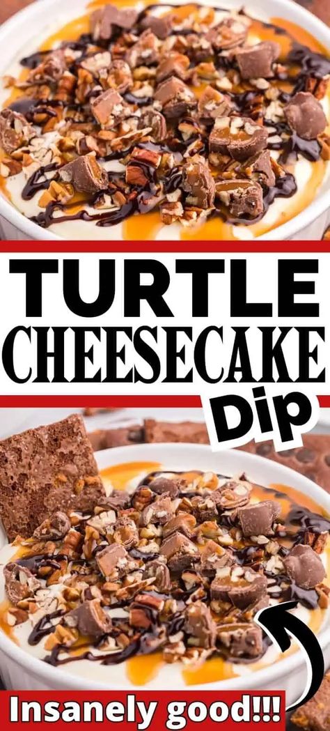 Snack Dips Sweet, Turtle Cheesecake Dip, Turtle Dip, Cheesecake Dip Easy, Cheesecake Dips, Dips Savory, Christmas Dips, Turtle Dessert, Work Treats