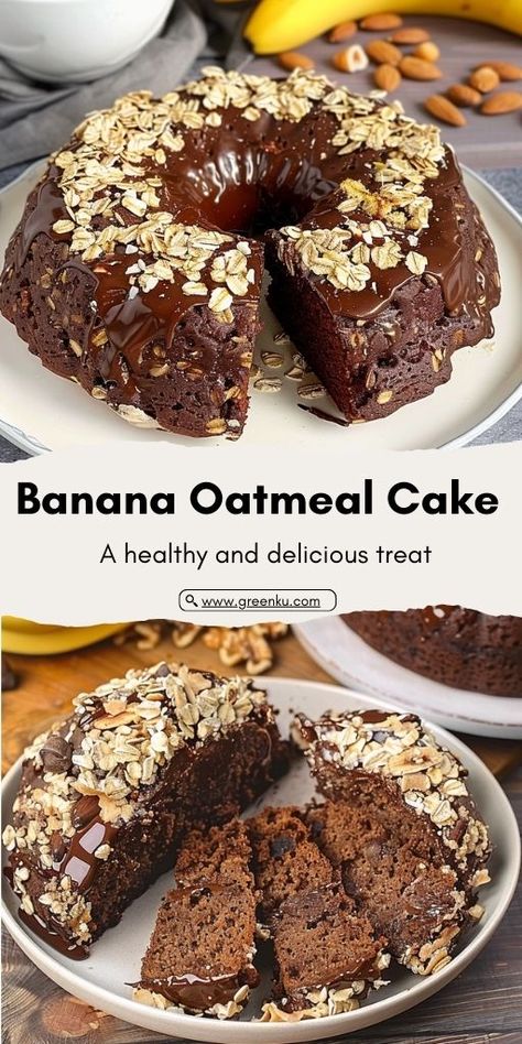 Banana Oatmeal Chocolate Cake with Walnuts Ingredients: 150g (5 ounces) oatmeal 150ml (5 fl oz) milk 2 eggs 2 bananas, mashed 1 teaspoon vanilla extract 20g (0.7 ounces) sugar-free cocoa powder 5g (0.18 ounces) baking powder 1 pinch of salt Vegetable oil for greasing 30g (1 ounce) walnuts, chopped 40g (1.4 ounces) sugar-free dark chocolate 20ml (0.8 fl oz) hot milk #Oatmeal #Cake Banana Oatmeal Cake Recipe, Oatmeal Chocolate Banana Cake, Banana Oatmeal Cake Healthy, Oats Chocolate Cake, Oatmeal Banana Cocoa Cake, Banana Cocoa Oatmeal Bake, Brownie Baked Oats No Banana, Oatmeal And Eggs, Banana Walnut Cake