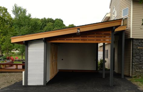 Moving Artwork, Modern Carport, Portable Carport, Carport With Storage, Carport Ideas, Curved Pergola, Wooden Garage Doors, Carport Sheds, Shed Makeover