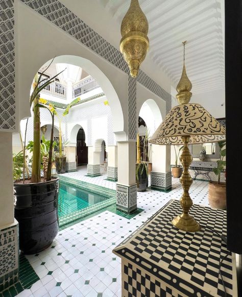 Modern Riad, House Ventilation, Hotel Design Architecture, Moroccan Riad, Lush Plants, Rooftop Design, Colorful Textiles, Elegant Hotel, Hotel Interiors