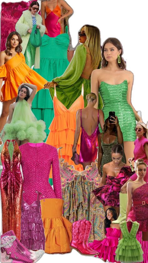 #orange #pink #green #fashion #moodboardinspo Sunset Soiree Outfit, Bright Color Dress Party, Bright Color Party Outfit, Margs And Matrimony Bride Outfit, Pink Orange Green Birthday, Bright Color Theme Party, Bright Wedding Guest Outfit, Bright Coloured Outfits, Bright Cocktail Dress