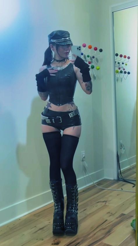 Alliyah Core Outfits, In This Moment Concert Outfit, Goth Leather Outfit, Agony Reaction, Gothic Bimbocore Outfits, Outfits With Garters, Kawaii Rave Outfit, Gothic Y2k Outfits, 1980s Fashion Aesthetic