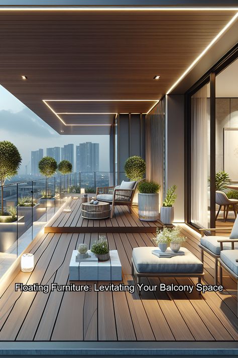 Revamp your balcony with suspended or floating furniture. Imagine hanging tables and chairs that save ground space and create a futuristic vibe. Use sturdy ropes or metal cables attached to the ceiling to safely secure furniture above the floor. Perfect for small spaces that need to feel open and airy, plus it's a showstopper for guests. Practical and visually stunning! Balcony Overlooking Pool, Futuristic Balcony, Outhouse Interior, Marbella House, Floating Furniture, Villa Balcony, Futuristic Interior Design, Big Balcony, Floor Designs