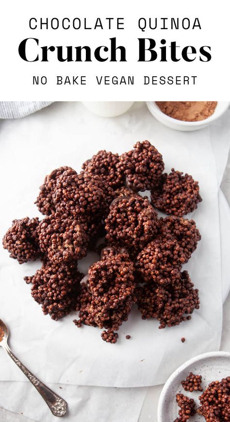 These chocolate quinoa crunch bites are crispy, chocolatey and taste just like you're eating a chocolate crunch bar! Plus, they're no bake, vegan, super easy to whip up and require only 5 simple ingredients. Quinoa Dark Chocolate Bark, Chocolate Quinoa Bites, Chocolate Covered Quinoa Bites, Chocolate Quinoa Cookies, Undercover Chocolate Quinoa Crisps, Dark Chocolate Sea Salt Quinoa Crisps, Puffed Quinoa Chocolate, Quinoa Breakfast Bites, Crispy Quinoa Recipes