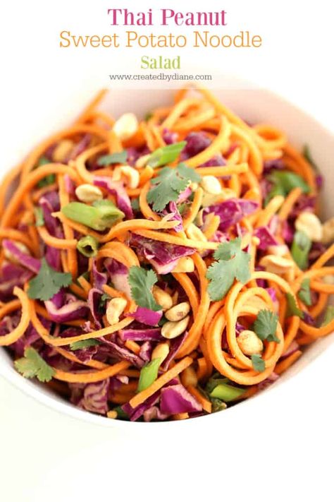 Peanut Noodle Recipe, Sweet Potato Noodle Salad, Thai Peanut Noodles, Raw Sweet Potato, Spiralized Sweet Potato, Potato Noodles, Peanut Noodles, Thai Peanut, Sweet Potato Noodles