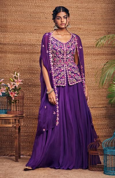 Purple Sharara Designs, Cape Style Dresses Indian, Cape Outfits For Women Indian, Peplum Blouse Indian, Purple Indian Outfit, Purple Sharara Suit, Lehanga Blouses Modern Design, Contemporary Lehenga, Purple Sharara