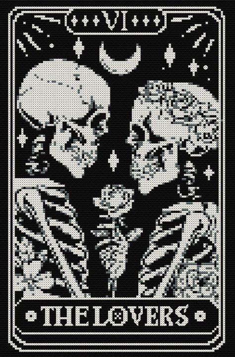 Tarot card cross stitch pattern. Final product 110 x 165 stitches. Three DMC colors used. The Lovers Cross Stitch, The Lovers Tarot Cross Stitch, Persephone Cross Stitch, Cross Stitch Tapestry Pattern, Tarot Crochet Pattern, Goth Pixel Art Grid, Perler Art Pattern, Pop Culture Cross Stitch, Witchy Cross Stitch Patterns